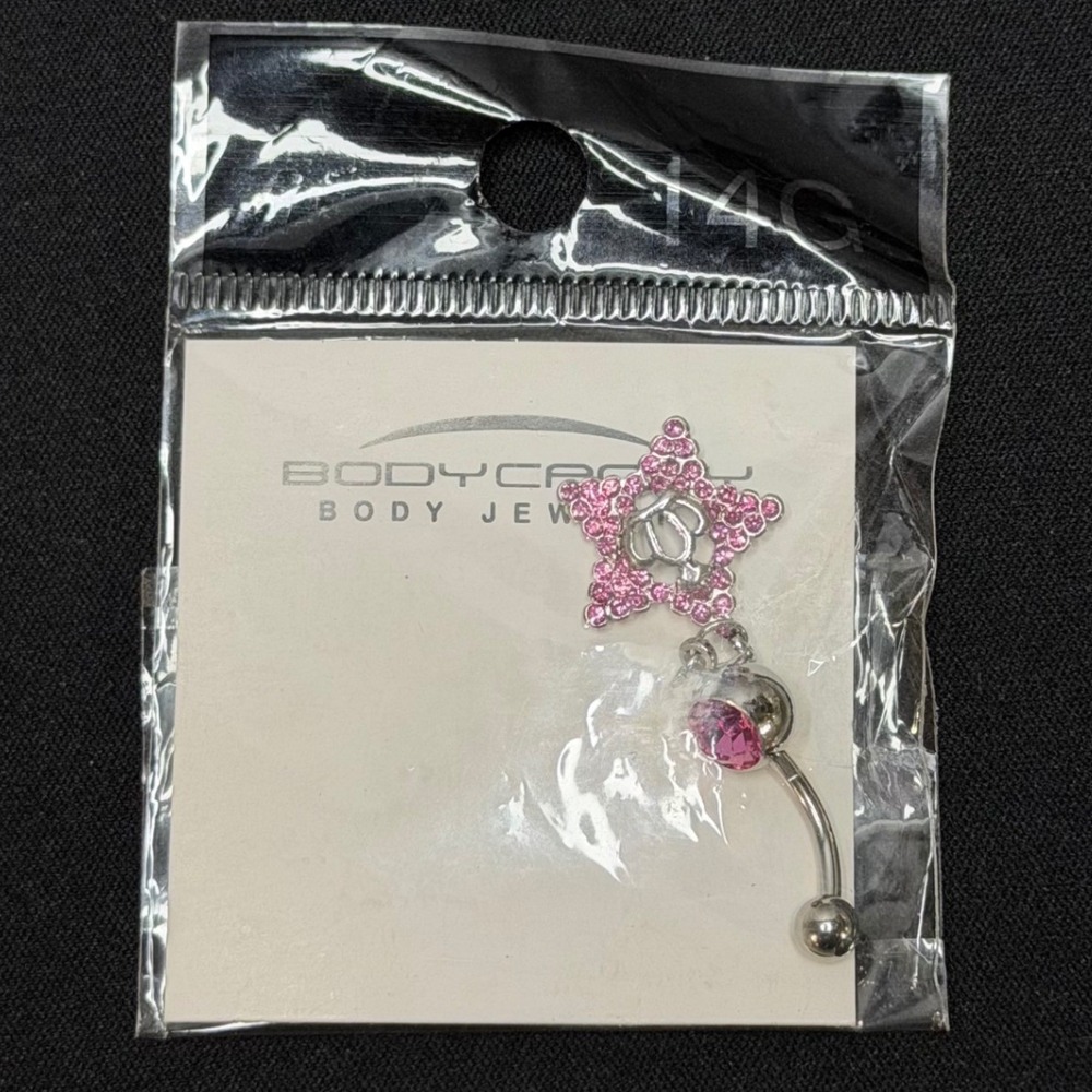 Body Candy Belly Button Ring Womens 14G Pink Star Crown Rhinestone Dangle